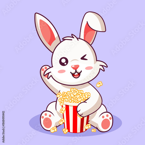 Cute Winking Bunny Sitting Enjoying Popcorn Vector Illustration Cartoon Design Kawaii