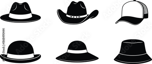 Hat silhouette set, fedora, cowboy hat, trucker cap, bowler, sun hat, bucket hat, fashion accessory icons, black and white vector