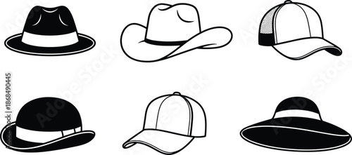 Hat silhouette set, fedora, cowboy hat, trucker cap, bowler, baseball cap, sun hat, fashion accessory icons, black and white vector