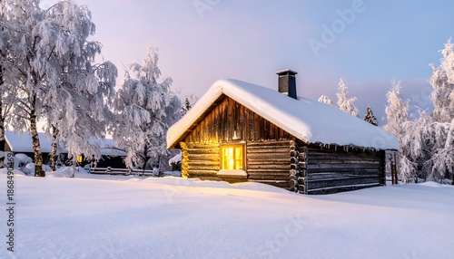 A snow-covered wooden cabin with a warm light in its window, set in a winter wonderland