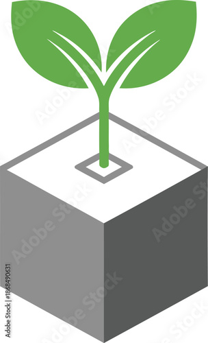 Minimalist logo of a plant growing from geometric cube flat two-color clean modern vector design