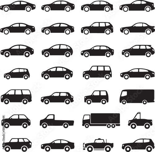 collection of various black car silhouettes on white background