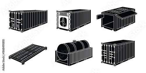 Set of various shipping containers including flat rack tank and refrigerated versions vector