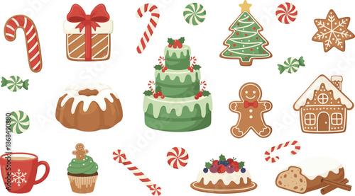Christmas treats illustration, gingerbread cookies, festive desserts, holiday sweets, peppermint candy, Christmas cake, snowflake cookie, gift box, hot cocoa mug