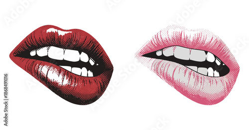 Red kiss sticker, sexy lips isolated on white background, halftone lips, lipstick glamour, beauty, fashion, and romantic vector design concept.