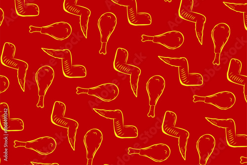 Hand-Drawn Outline Chicken Wing Seamless Vector Pattern for Fast Food Background
