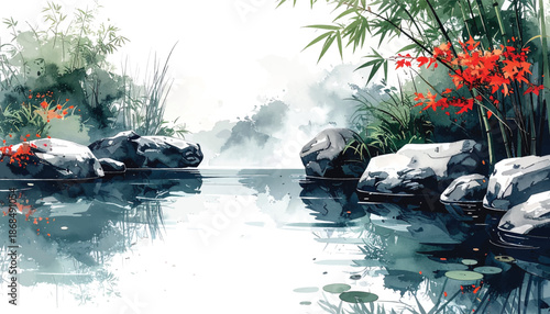 Ink mist river with red blossoms for elegant brand backdrops. Monochrome calm waterscape ideal for minimalist wellness design. Oriental bamboo shoreline scene perfect for spa brochure covers