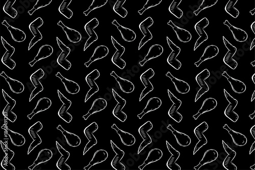 Hand-Drawn Outline Chicken Wing Seamless Vector Pattern for Fast Food Background