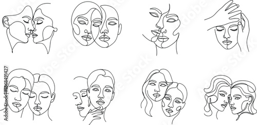 Collection of minimalist single line art illustrations depicting emotional connections between faces.
