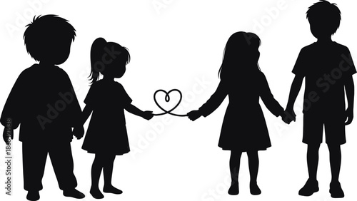 Four children silhouette holding hands and creating a heart shape, symbolizing unity and friendship