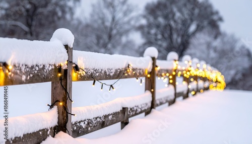 Winter scene featuring a snow-covered wooden fence adorned with glowing string lights