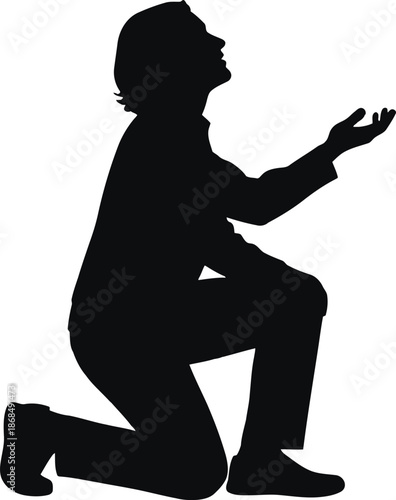 A silhouette of a person kneeling in prayer or supplication, looking upward with an open hand.