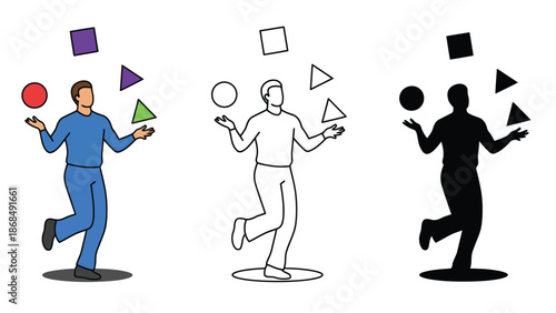 A person juggles colorful geometric shapes in three different artistic styles.