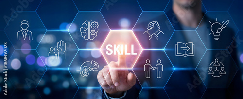 Future Skills Concept. Interfacing future skills such as critical thinking, adaptability, emotional and social intelligence and creative innovation. Digital transformation, reskilling and upskilling.