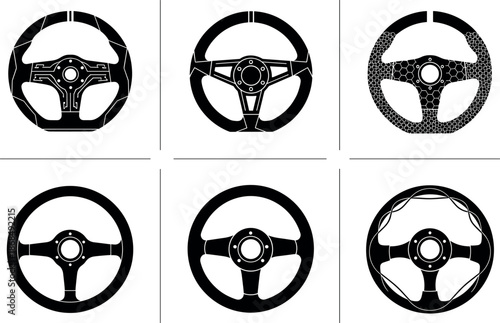 Steering wheel icons set with professional automotive racing and sport wheel silhouettes