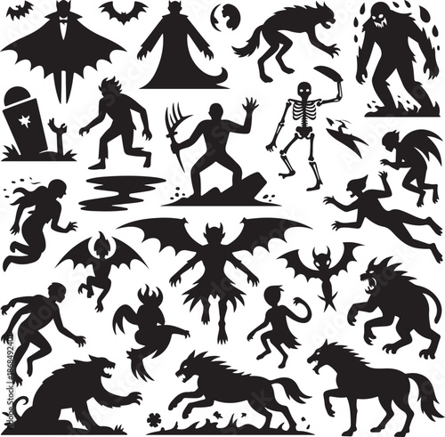 Halloween black silhouettes of monsters and creatures on white background