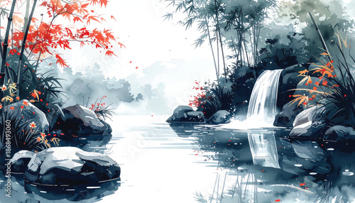 Ink waterfall bamboo scene with red foliage for premium branding. Monochrome river cascade ideal for minimalist spa poster designs. Oriental mist landscape perfect for luxury wellness campaigns