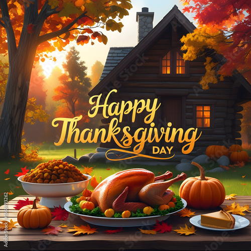 Happy thanksgiving day greeting card with realistic background design