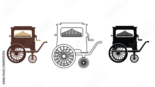 Three different styles of a street organ on wheels.