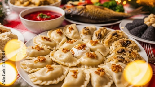 Festive close-up of traditional polish pierogi topped with onions, beautifully served alongside borscht and fish on a cozy christmas eve wigilia dinner table, highlighted by warm bokeh lighting.