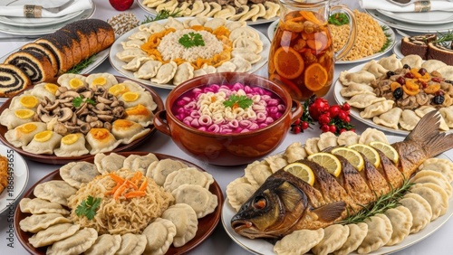 A rich and abundant traditional slavic holiday feast, featuring a whole roasted carp, pierogi, and red borscht, beautifully served on a dining table in a high-angle close-up shot.