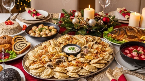 This close-up view captures a festive holiday dinner, showcasing a large platter of golden pierogi and other traditional dishes, creating a warm red and gold mood on the elegant dining table.