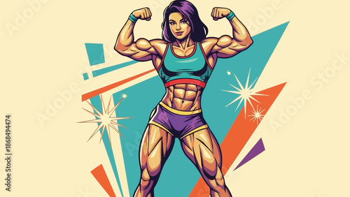 Strong woman bodybuilder flexing muscles vector illustration comic style