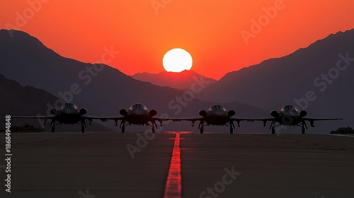 Wallpaper Mural Silhouettes of military jets lined up on a runway against a breathtaking sunset, highlighted by mountains in the background, Ideal for themes of aviation, defense, and military operations, Torontodigital.ca