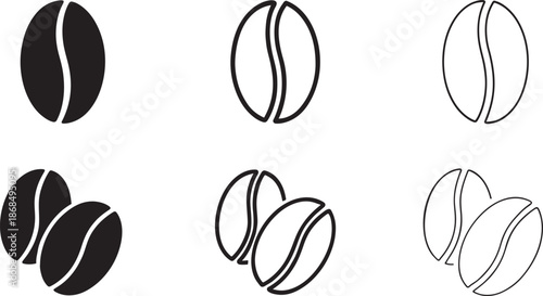 Silhouette coffee bean icon set in EPS format, perfect for café branding, packaging, and UI design.