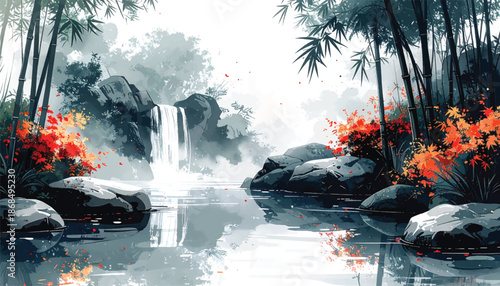 Ink waterfall canyon with red foliage for premium branding scenes. Monochrome cascade landscape ideal for zen spa decor posters. Oriental bamboo gorge illustration perfect for calm app themes