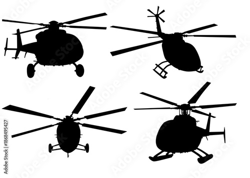Helicopter Silhouettes in Black Minimal Style for Aviation Collection