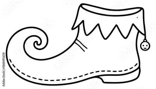 Hand drawn line art illustration of an elf shoe depicting a festive curled toe and a jingle bell for Christmas holiday