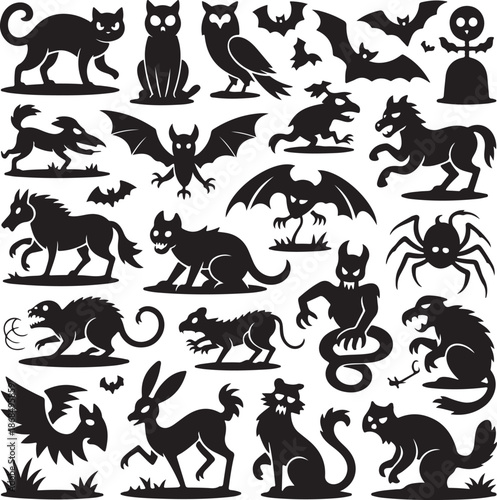 Halloween monster and animal silhouettes on white background