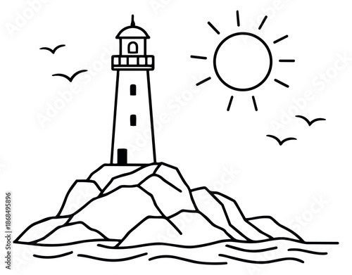Hand drawn line art illustration of a lighthouse on rocks depicting a sunny coastal scene with flying birds for travel and guidance concepts