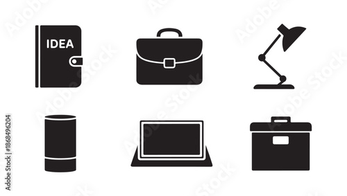 entrepreneur startup essentials black silhouette icons set for business workspace