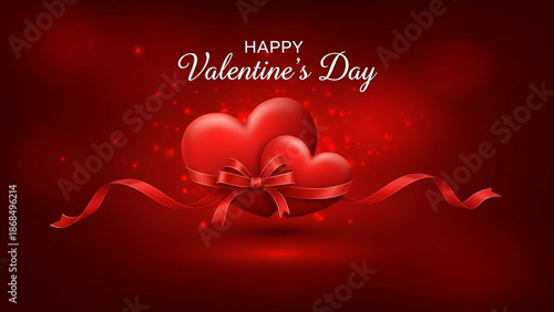 Happy valentines day greeting card with red hearts and ribbons on dark red background