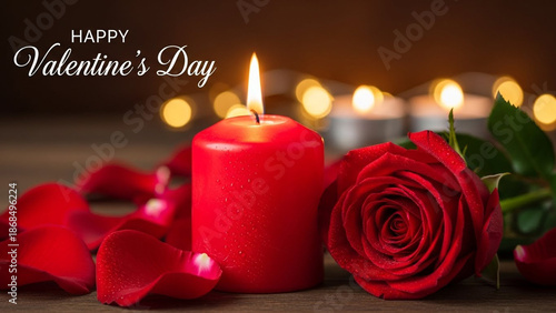 Happy valentines day with red candle and rose on wooden table romantic ambiance