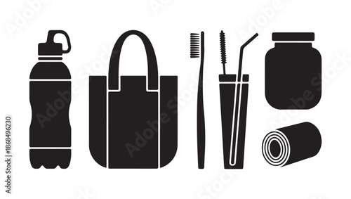 eco friendly daily use black silhouette icons set for sustainable lifestyle