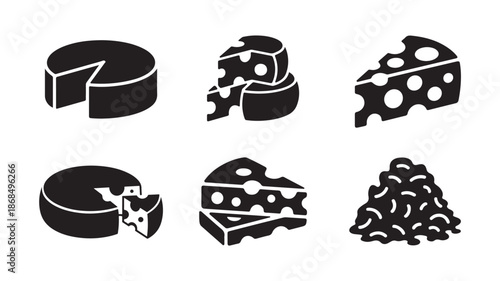 cheese black silhouette icons set with wheel slices and crumbs