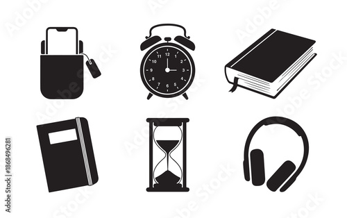 digital detox black silhouette icons set for offline lifestyle