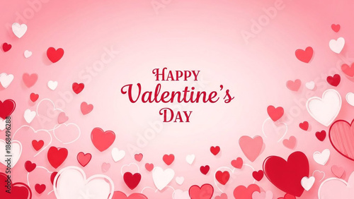 Happy valentines day greeting with red and pink hearts on pink background