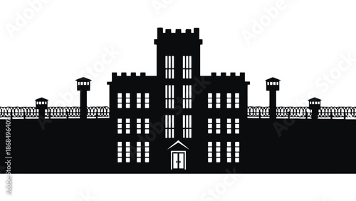 A black and white illustration of a prison with a tall tower
