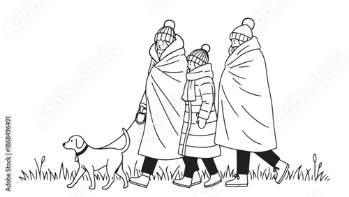 Black and white line art vector illustration of a group of people bundled in winter coats walking their dog through a snowy park for outdoor activity themes