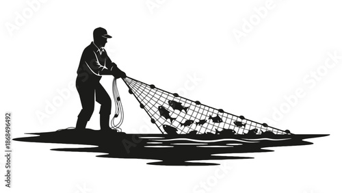 A fisherman pulling a large net full of fish out of the water