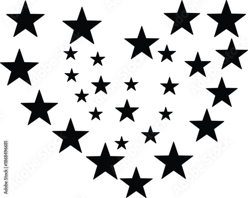 Black star silhouettes arranged in heart shape illustration symbolizing love, celebration, romance and abstract decorative celestial graphic design
