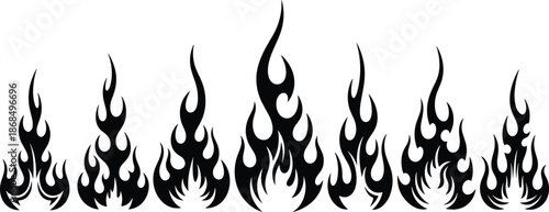Black flame silhouette set illustration showing fire shapes, burning elements, heat energy symbols and decorative tattoo style flame designs