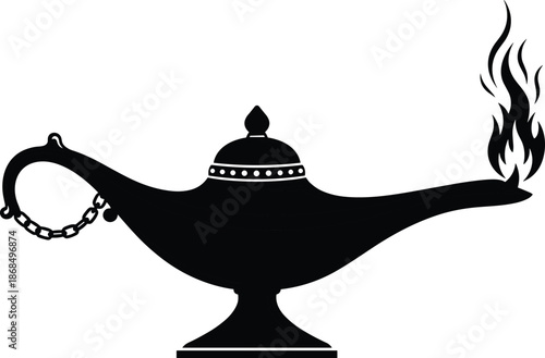 Magic genie lamp silhouette illustration with glowing flame, Arabian folklore symbol, wishes concept and mystical fantasy decorative design element