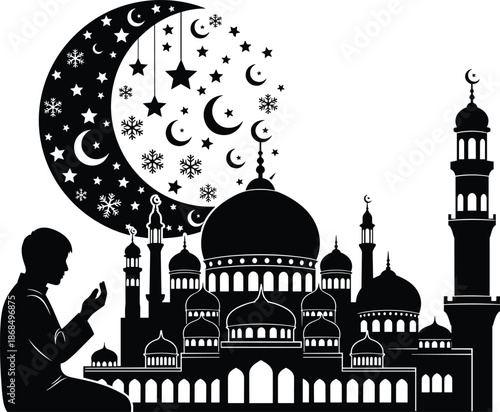 Islamic night prayer silhouette with mosque, crescent moon, stars and Muslim man supplicating during Ramadan spiritual worship illustration concept
