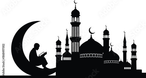 Ramadan night silhouette illustration with mosque skyline, crescent moon and Muslim reading Quran, spiritual Islamic worship concept scene