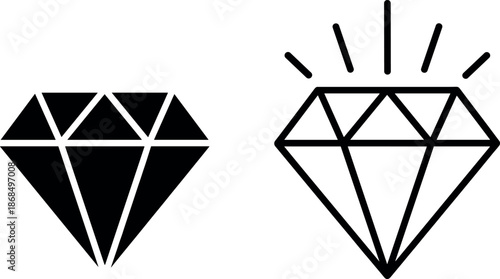 Sparkling diamond icons set with luxury gemstone silhouette and shining line art